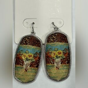 Western Cow Skull Sunflower Earrings – Boho Dangle Jewelry, Southwestern Style,